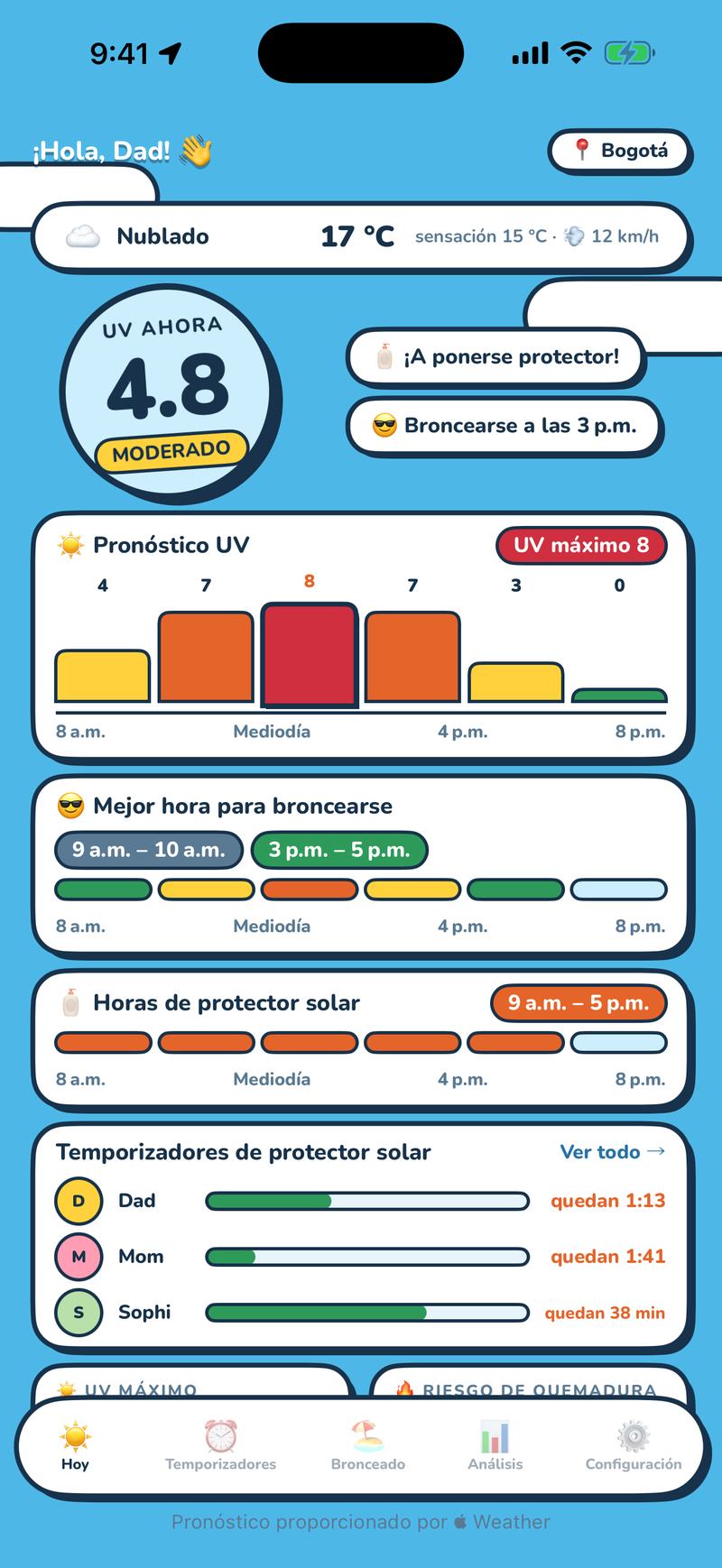 Pantalla de hoy de UV Buddy con el índice UV en vivo, estado del protector solar y ventana de bronceado