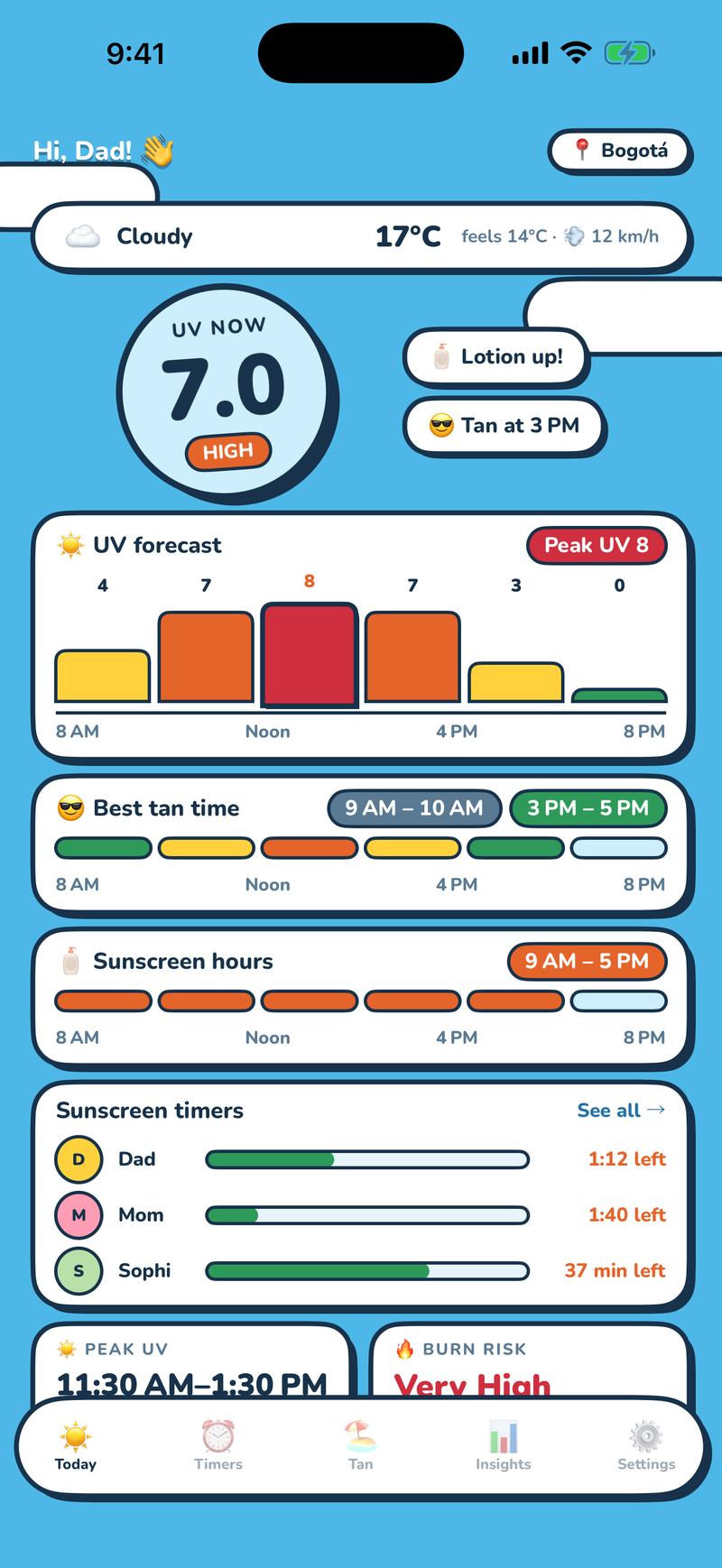 UV Buddy Today screen showing the live UV index, sunscreen status and tan window
