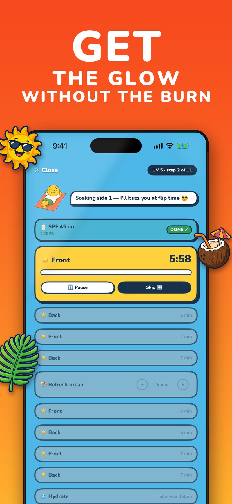 UV Buddy guided tan session screen timing SPF and flip steps at UV 5