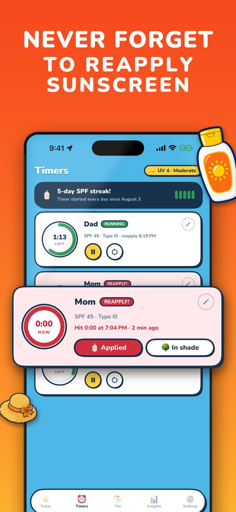 Sunscreen reapply timer with SPF alarm in the UV Buddy app