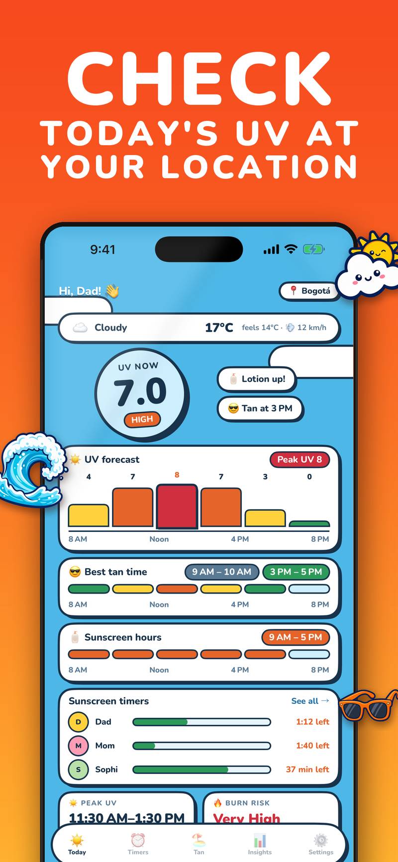 Live UV index today screen with hourly UV forecast in UV Buddy