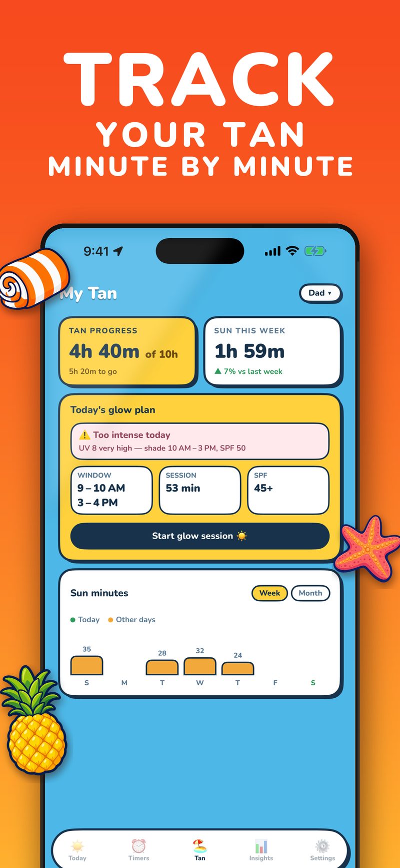 Tan tracker with tan goal levels and progress in the UV Buddy app