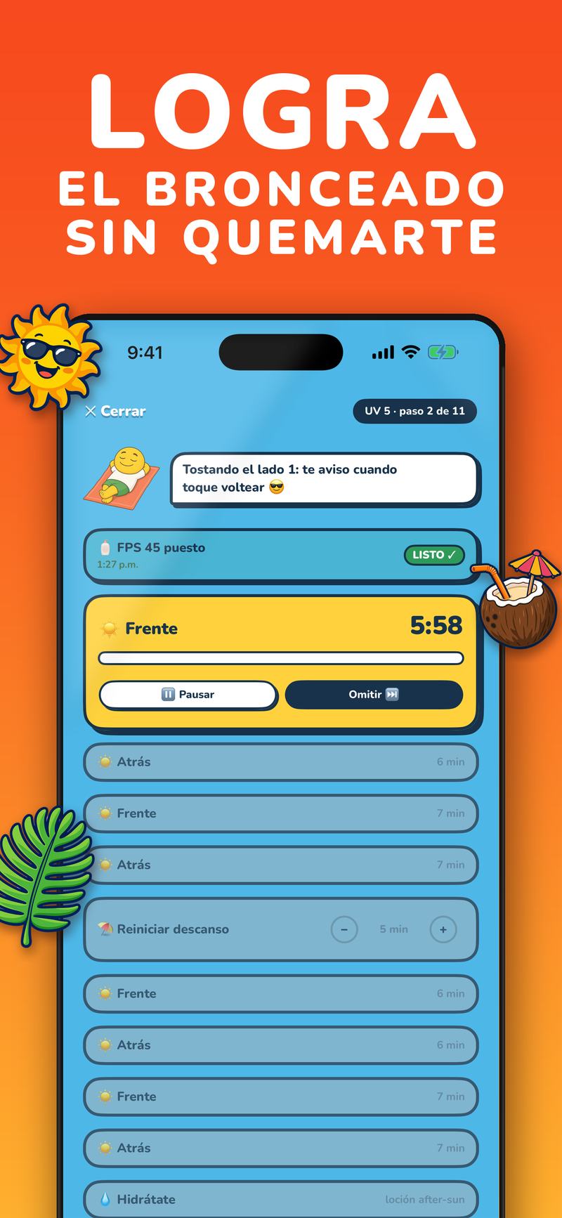 Sesión de bronceado guiada de UV Buddy cronometrando el protector solar y los cambios de lado con UV 5