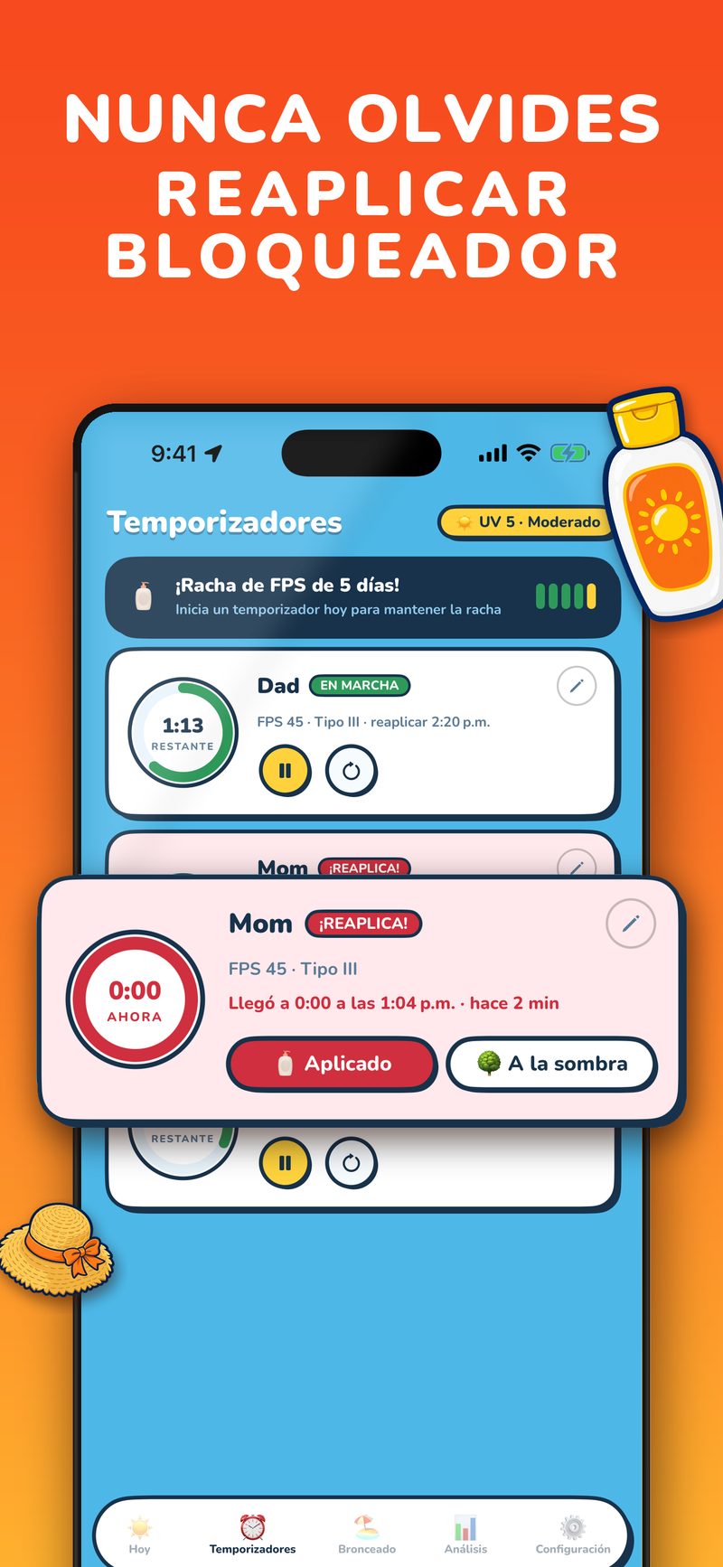Temporizador de reaplicación de protector solar con alarma SPF en la app UV Buddy