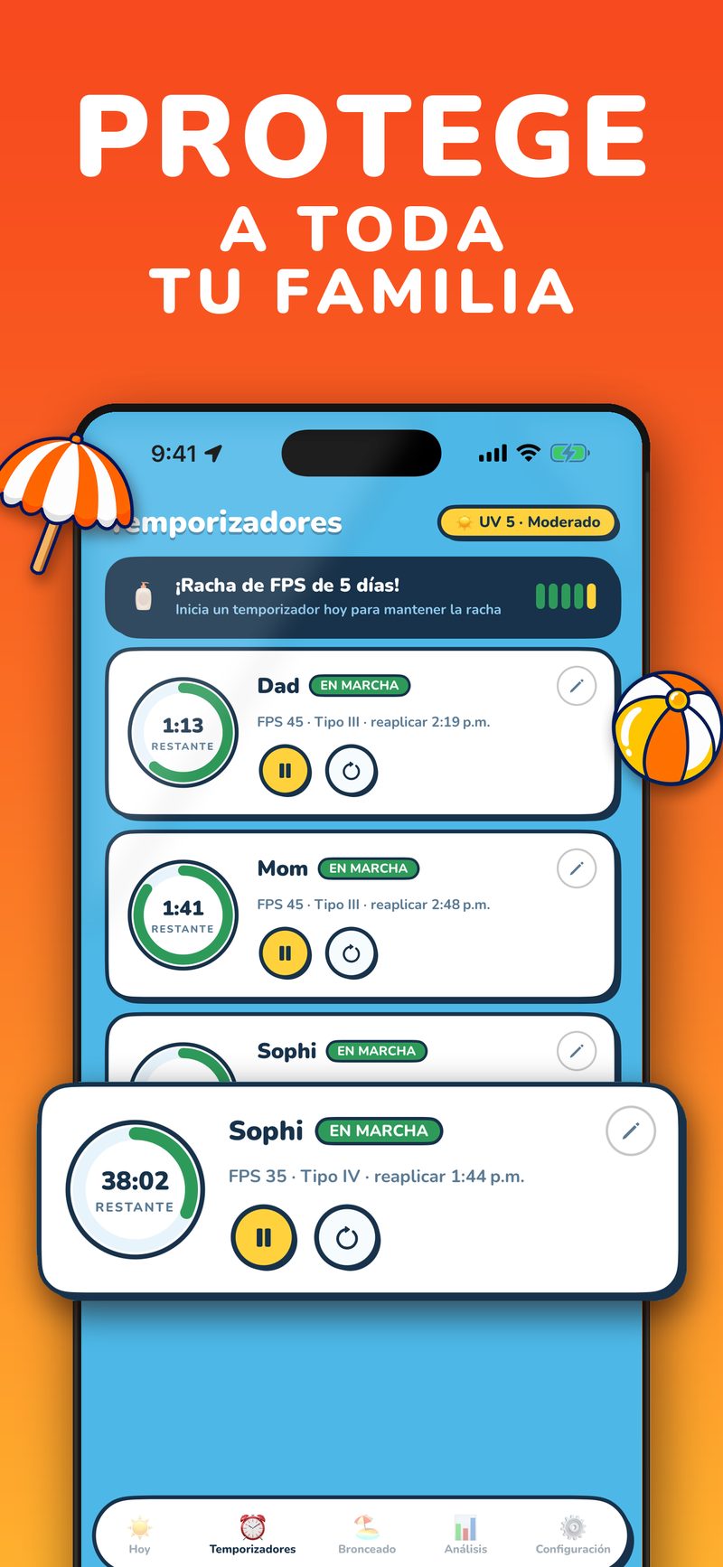 Perfiles familiares de protección solar con temporizadores individuales en UV Buddy