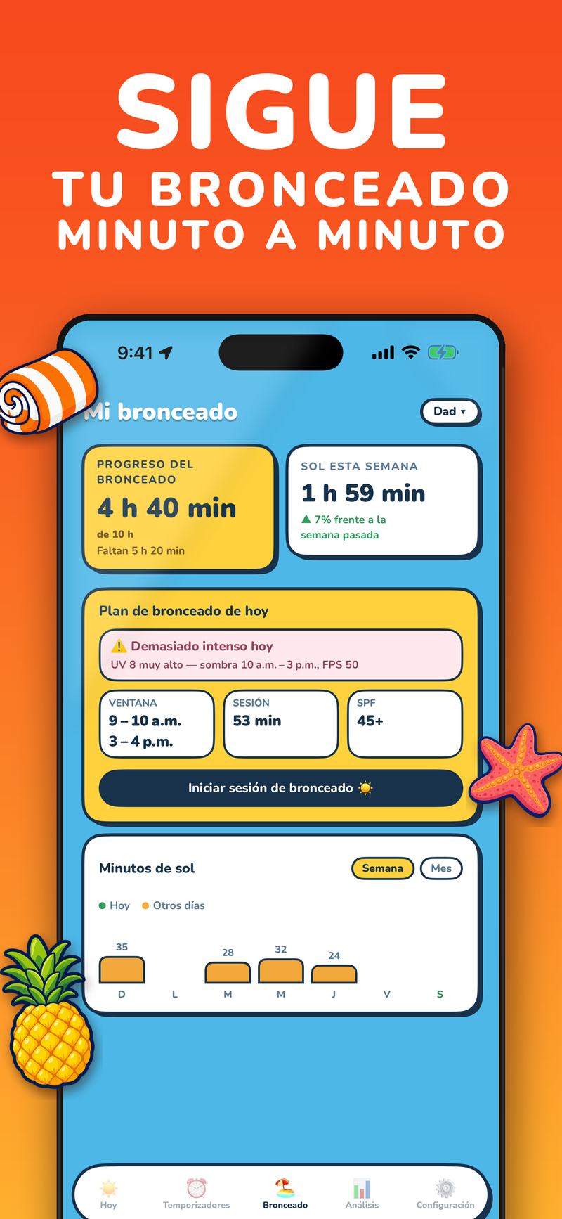 Seguimiento de bronceado con metas y progreso en la app UV Buddy