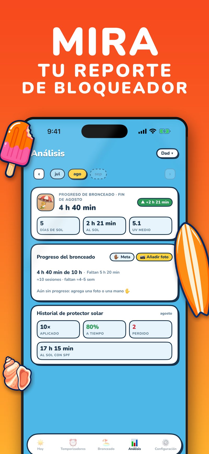Reporte mensual de protector solar con historial de aplicaciones en UV Buddy
