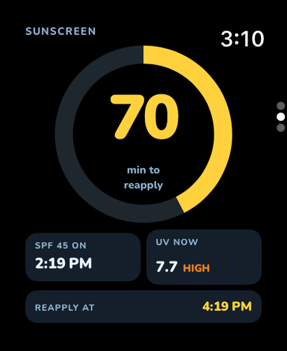 Apple Watch sunscreen reapply countdown in UV Buddy